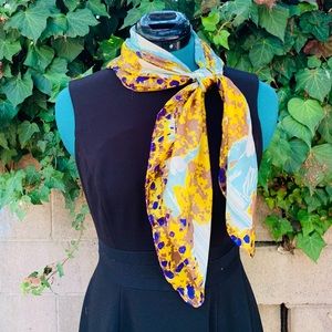 Vintage 70s Sculpture Scarf Square Shawl Yellow Blue Statue Fountain Art